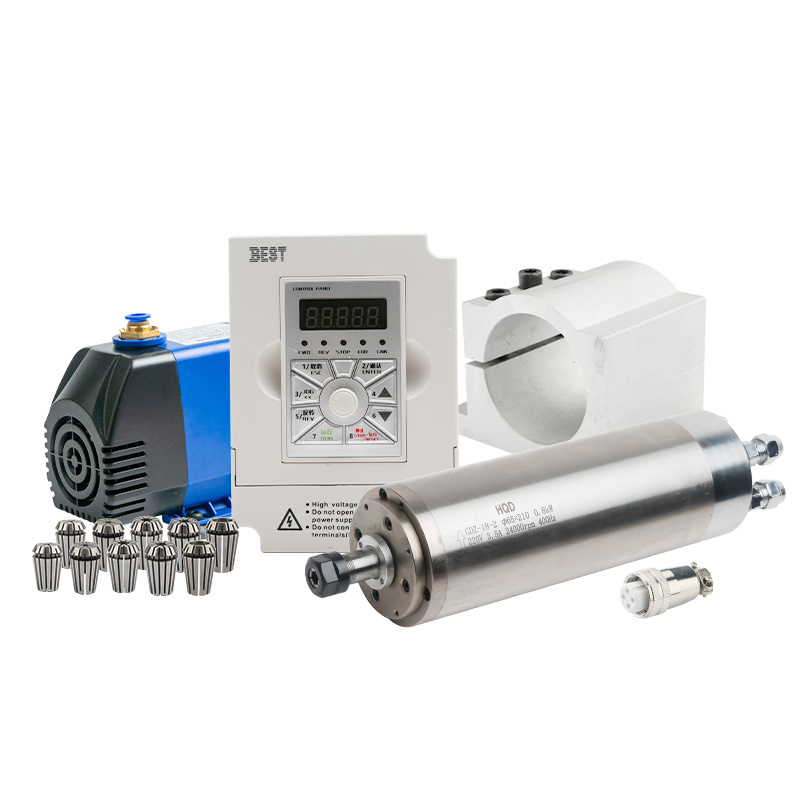 Water Cooled Spindle - ชุดอุปกรณ์สปินเดิลระบายความร้อนด้วยน้ำ 0.8KW พร้อมอินเวอร์เตอร์ ตัวจับยึด คอลเล็ต และปั๊มน้ำ