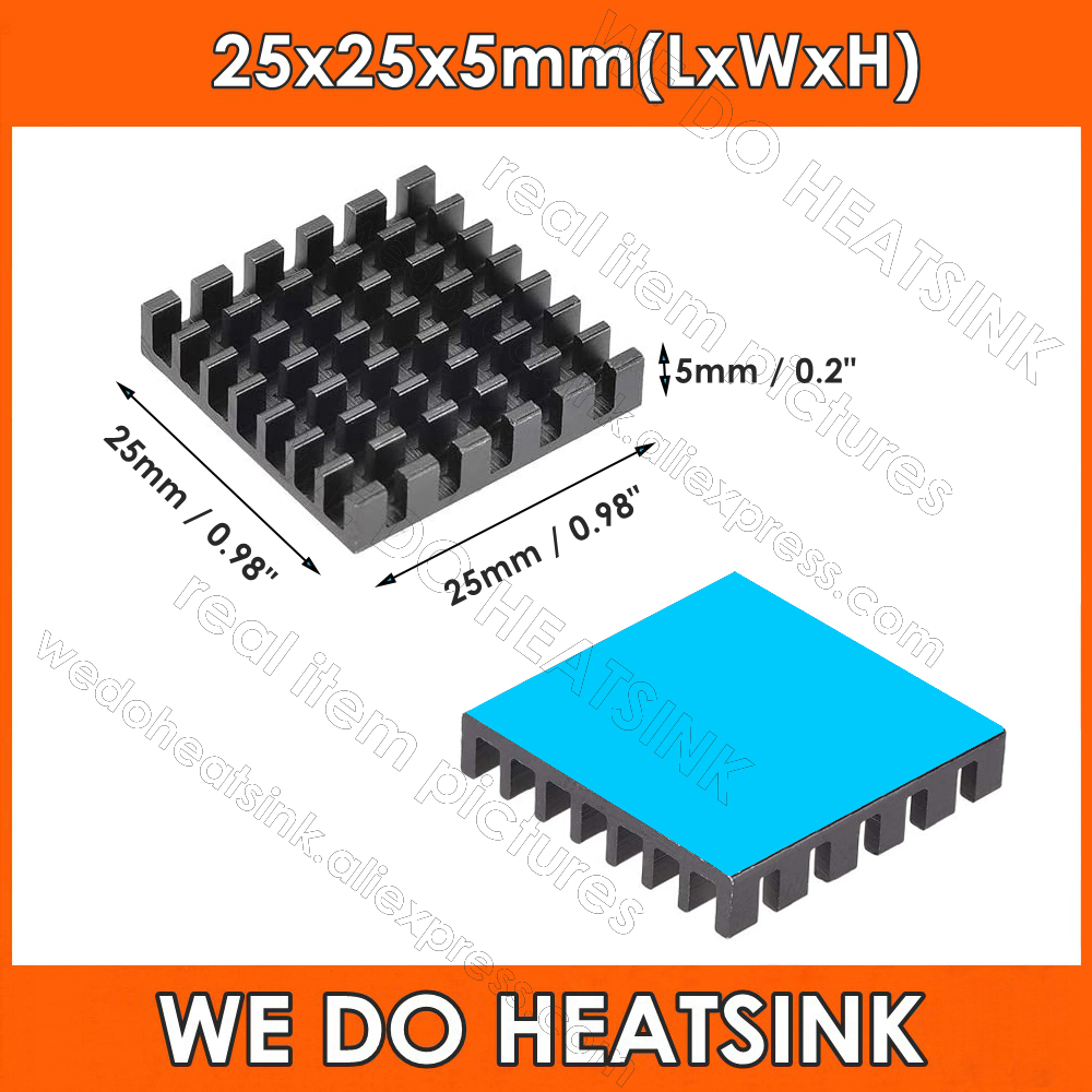 Aluminium Extrusion - ฮีทซิงค์สีดำขนาด 25x25x5 มม. พร้อมเทปกาวนำความร้อนที่ติดตั้งไว้ล่วงหน้า ฮีทซิงค์อะลูมิเนียมสำหรับระบายความร้อนชิป GPU