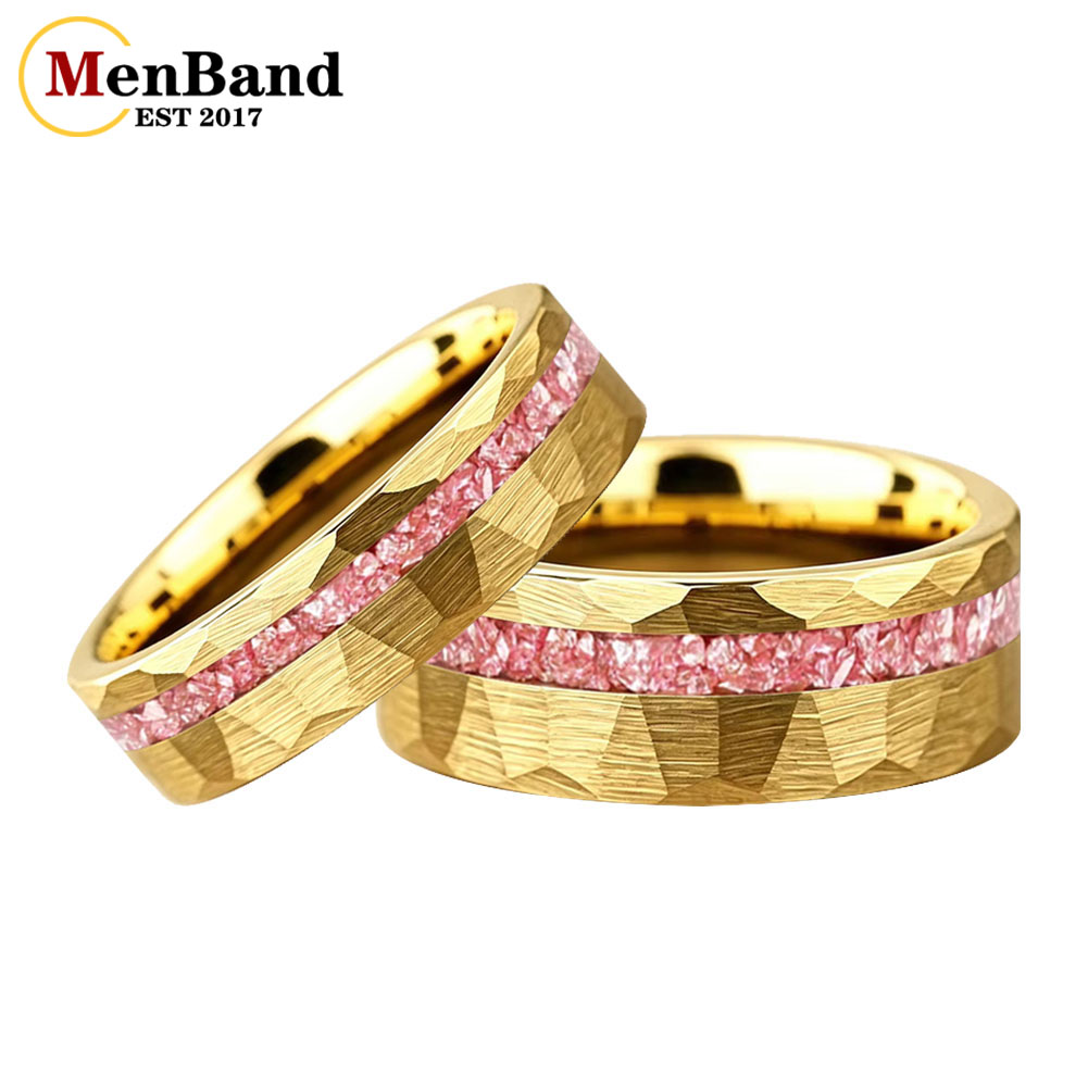 Coupling 8Mm - แหวนแต่งงานทองคำลายค้อน ขนาด 6/8 มม. ดีไซน์ใหม่ แหวนทังสเตนประดับด้วยมอร์แกไนต์สีชมพูบดละเอียด